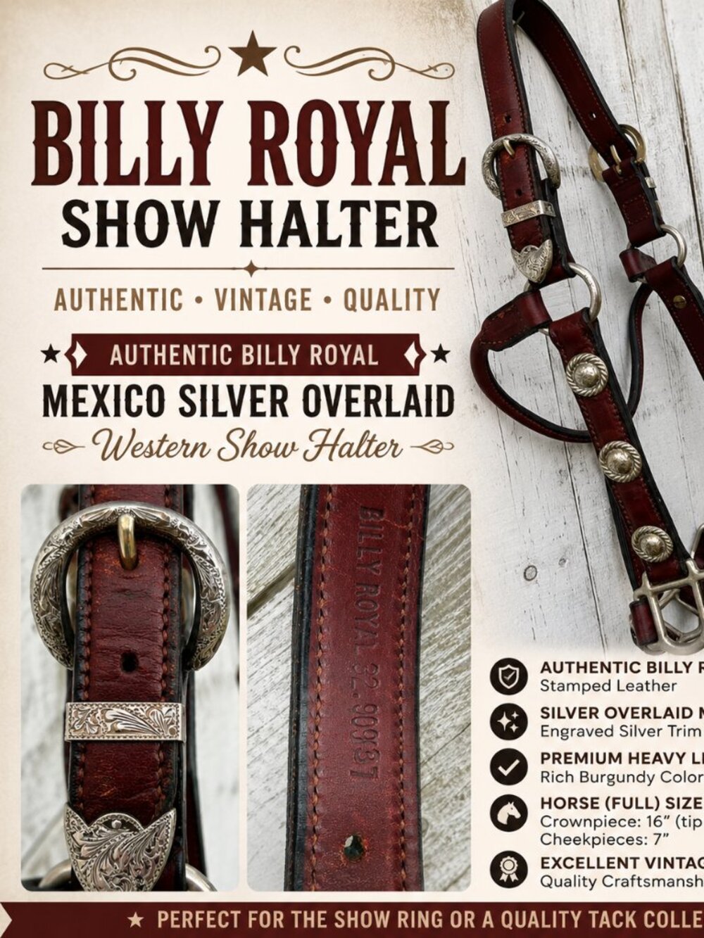 Authentic Billy Royal Western Show Halter Horse Tack Silver Show Halter
